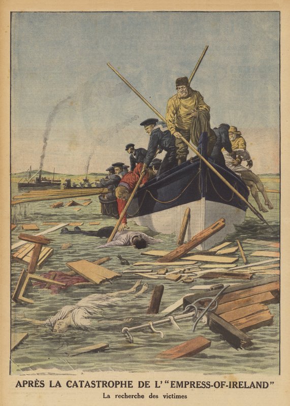 Søg efter ofre for kejserinden af Irlands forlis (farve litho) af French School