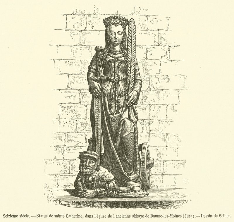 Det sekstende århundrede, Statue af Saint Catherine, i kirken i det tidligere Abbey of Baume-les-Moines, Jura (gravering) af French School