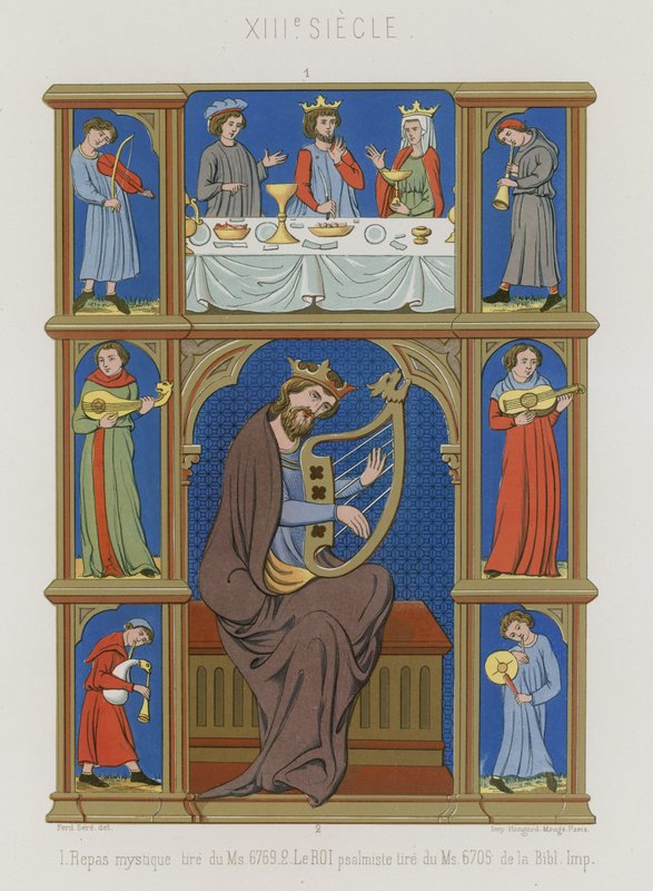 Serie af billeder fra det 13. århundrede, der viser en mystisk aftensmad, musikere og en konge, der spiller en lyre af French School