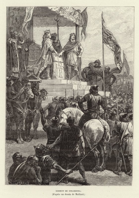 Serment de Strasbourg. Eder fra Strasbourg, alliancen mellem Ludvig den Tyske og Karl den Skaldede, konger af Øst- og Vestfrankien, 842 (stik) af French School