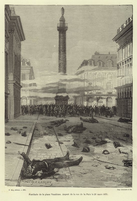 Skyderier på Place Vendome, Paris, Paris Kommune, 23. marts 1871 af French School