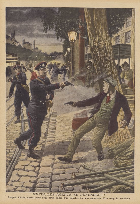 Skyderi mellem politi og kriminelle på en gade i Paris (farve litho) af French School