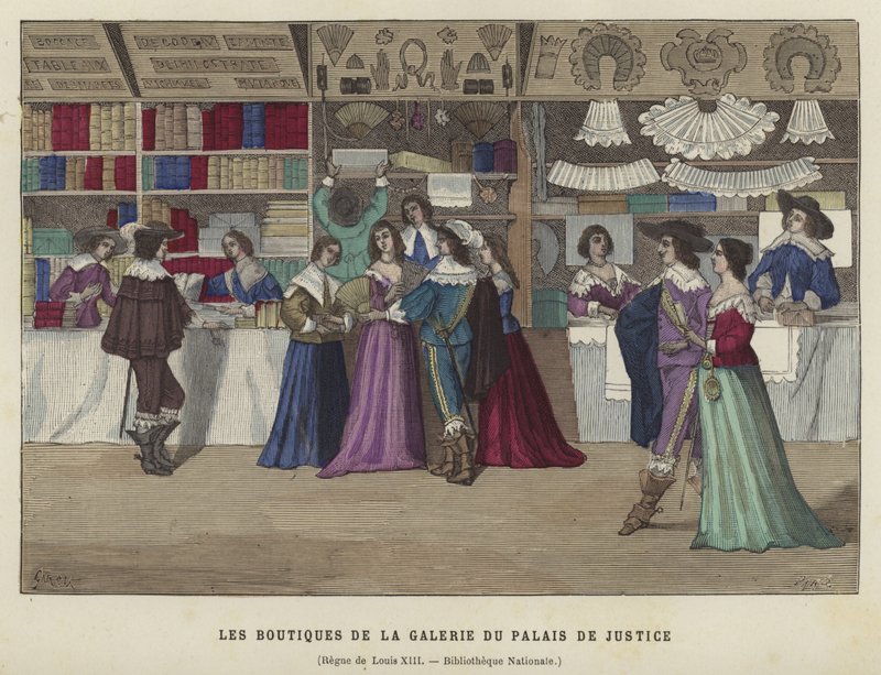 Butikker i Galerie du Palais de Justice, Paris, Ludvig XIII