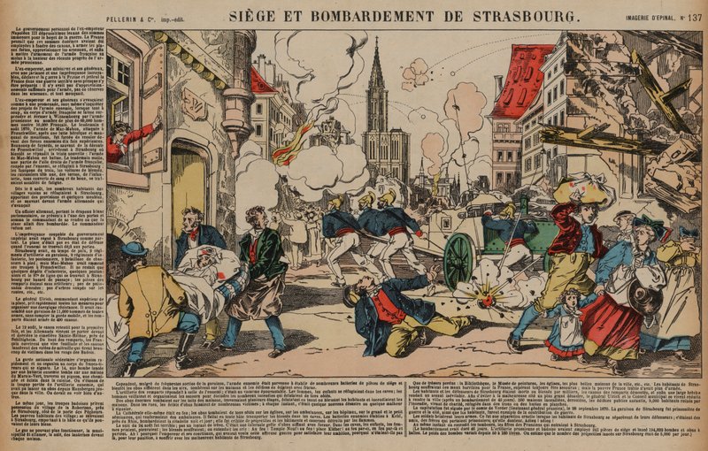Belejring og bombardement af Strasbourg, fransk-preussisk krig, august-september 1870 (farvet gravering) af French School