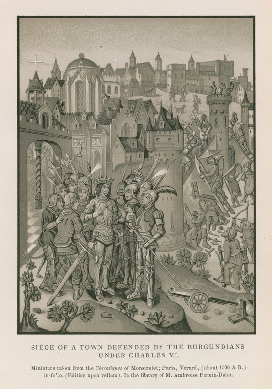 Belejring af en by forsvaret af burgunderne under Charles VI (chromolitho) af French School