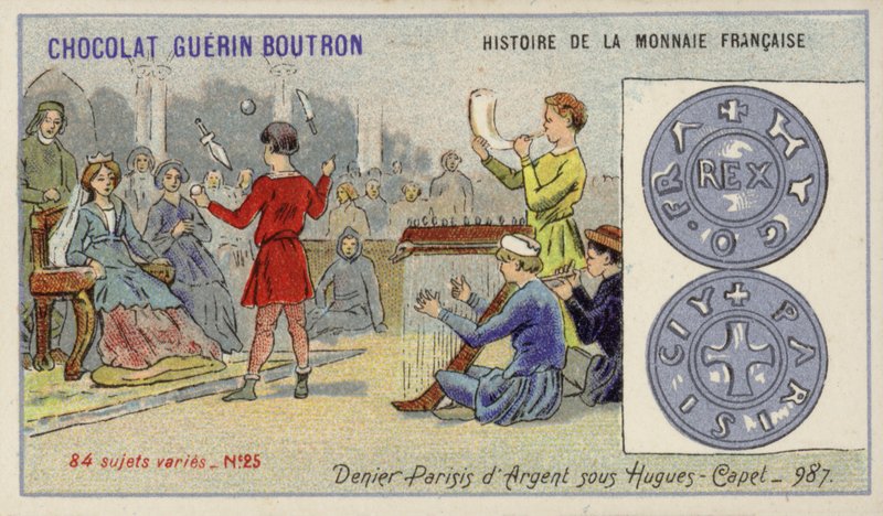 Silver denier paris af Hugh Capets regeringstid, 987 (chromolitho) af French School