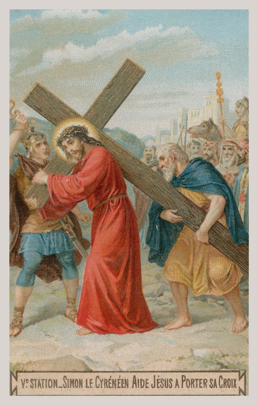 Simon af Kyrene hjælper Jesus med at bære korset. Korsets femte station af French School