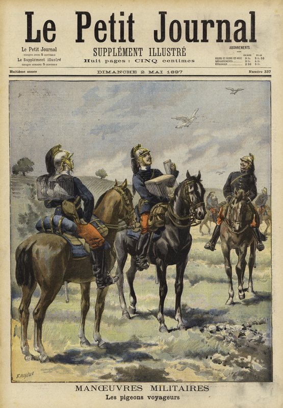 Soldater, der bruger brevduer på militære manøvrer, Soissons, Frankrig af French School
