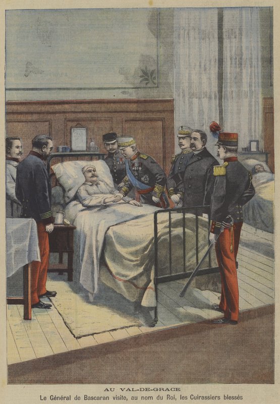 Den spanske general Jose de Bascaran besøger sårede kurassere i kong Alfons XIIIs navn på militærhospitalet Val-de-Grace i Paris (farve litho) af French School