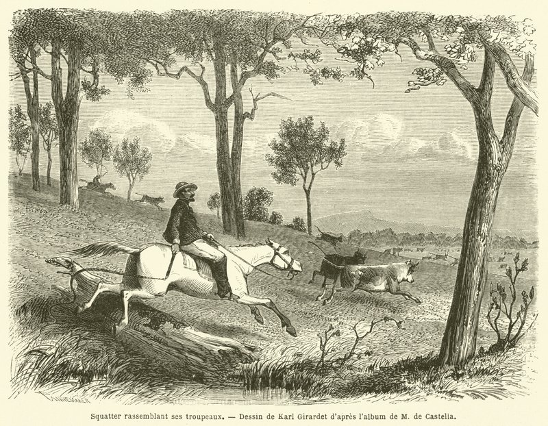 Squatter Gathering His Herds (gravering) af French School