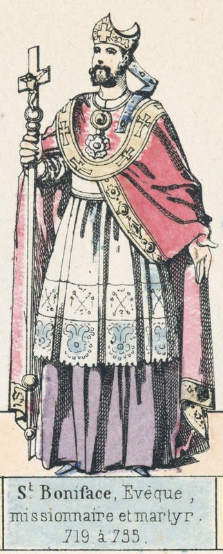 Sankt Bonifatius, biskop, missionær og martyr, 719 til 735 (farvegravering) af French School