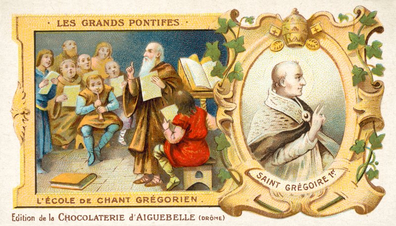 Skt. Gregor den Store, og en skole med gregoriansk sang (chromolitho) af French School