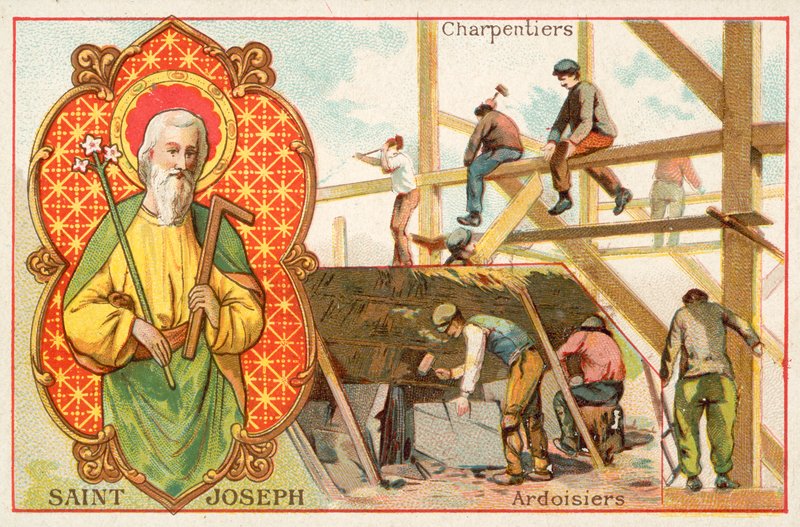 St Joseph, skytshelgen for tømrere og tagdækkere (chromolitho) af French School