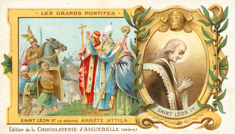 Skt. Leo den Store stopper Hunnerens Attilas erobring af Italien, 452 (chromolitho) af French School
