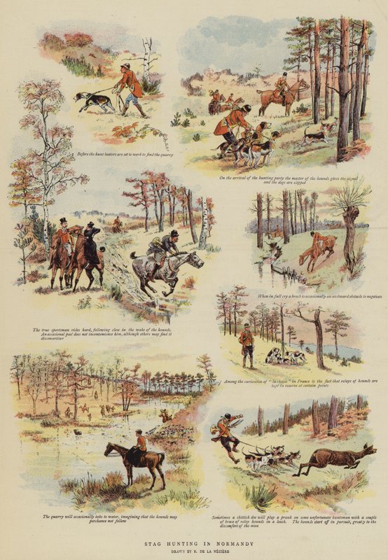 Hjortejagt i Normandiet (farve litho) af French School