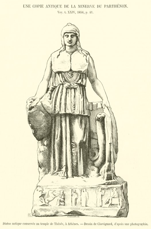 Statue antik conservee au temple de Thesee, en Athenes (gravering) af French School