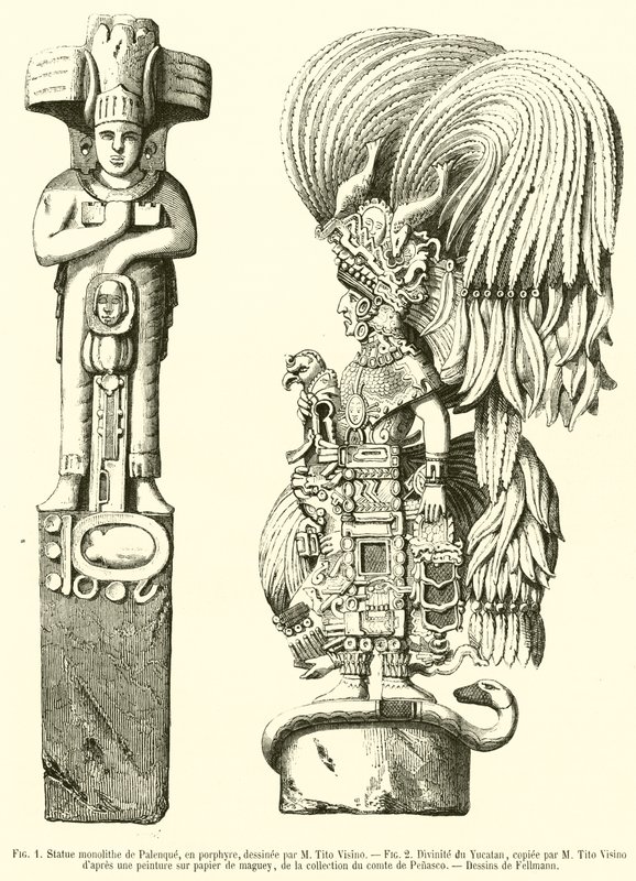 Monolitstatue af Palenque, i porfyr; Divinity of Yucatan (gravering) af French School