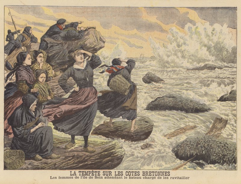 Storme på Bretagnes kyst (farve litho) af French School