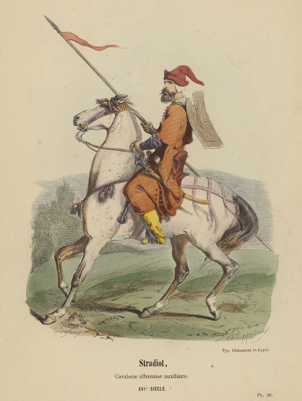 Stradiot, albansk hjælpekavaleri, XVI. århundrede (farvet gravering) af French School