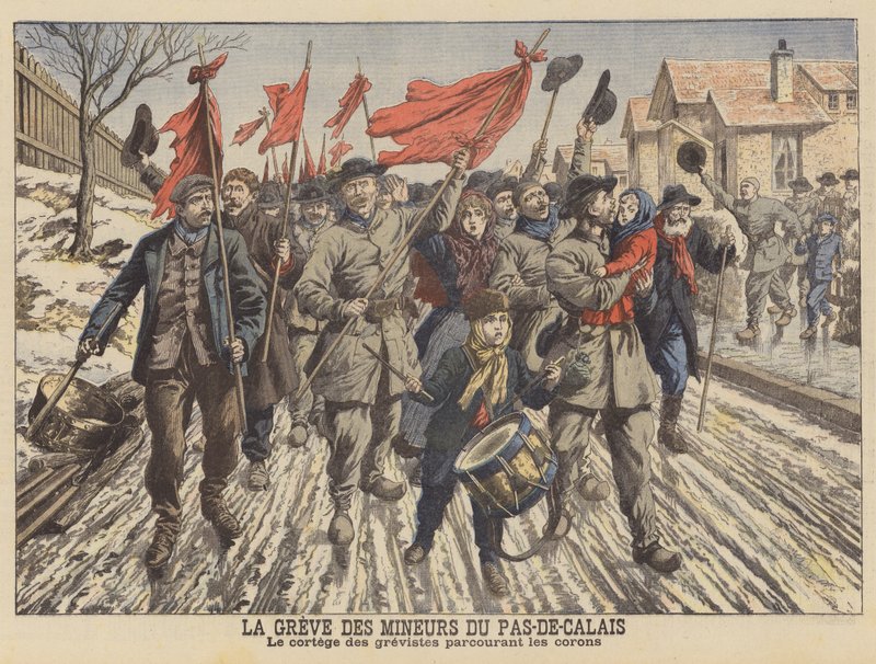 Strejke fra minearbejderne i Pas-de-Calais, Frankrig (farve litho) af French School