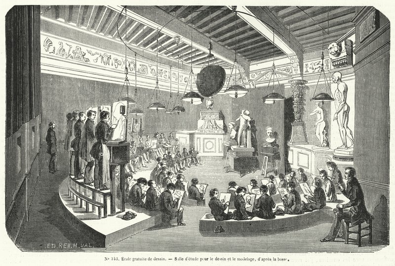 Elever i en klasse i en fri tegneskole, Frankrig (gravering) af French School