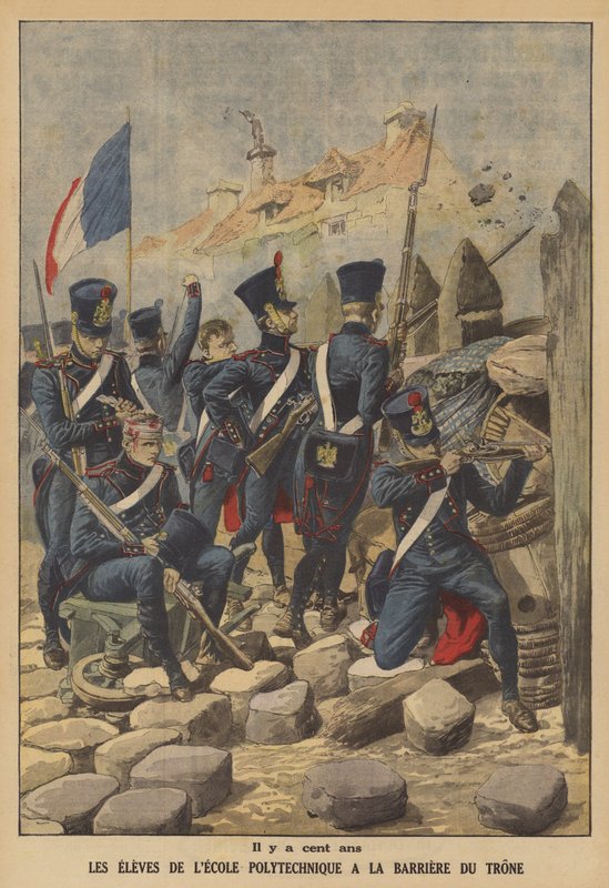 Studerende fra Ecole Polytechnique, der forsvarede Barriere du Trone, en af portene til Paris, i 1814 (farve litho) af French School