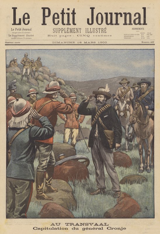 Overgivelse af general Cronje til briterne efter slaget ved Paardeberg (farve litho) af French School