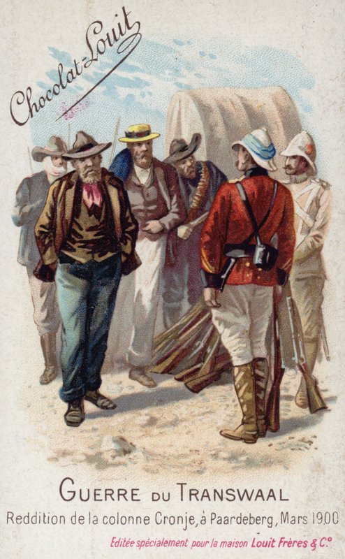 Overgivelse af Piet Cronjes kolonne til briterne, Paardeberg, marts 1900 (chromolitho) af French School