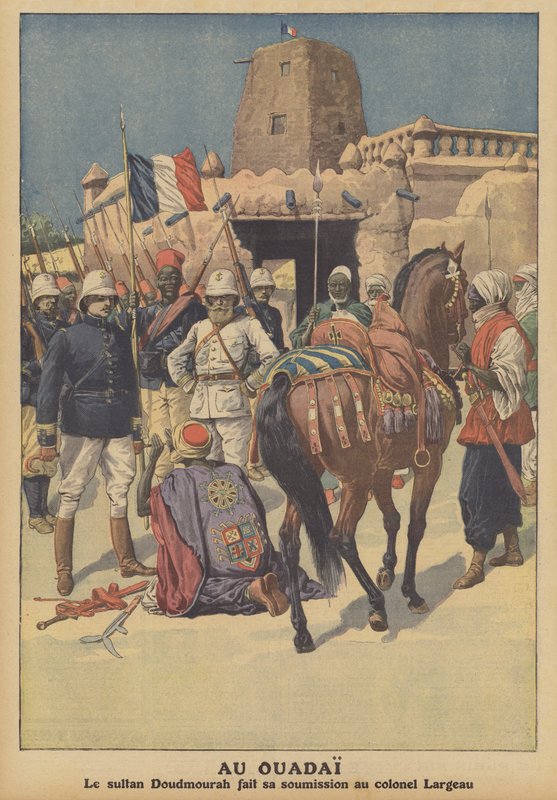 Overgivelse af Wadai-sultanen Doudmourrah til franske tropper under kommando af oberst Largeau (farve litho) af French School