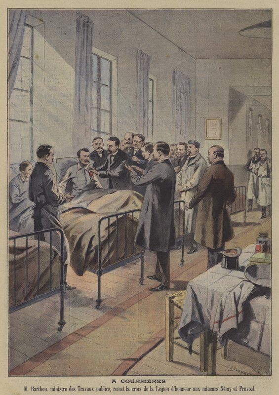 Overlevende fra Courrieres-minekatastrofen, Frankrig (farve litho) af French School