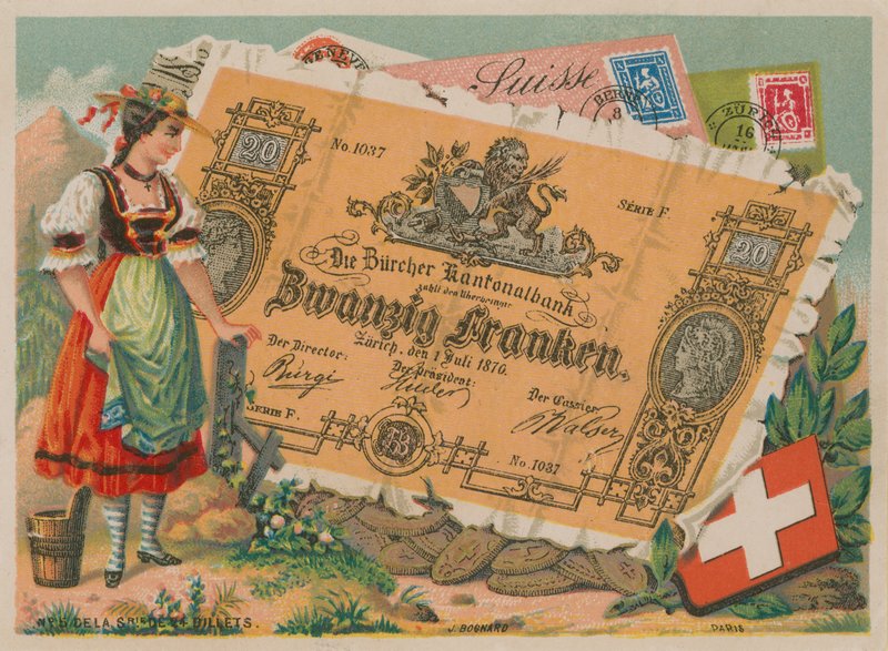 Schweizisk pige i traditionel dragt og 20 Francs seddel af French School