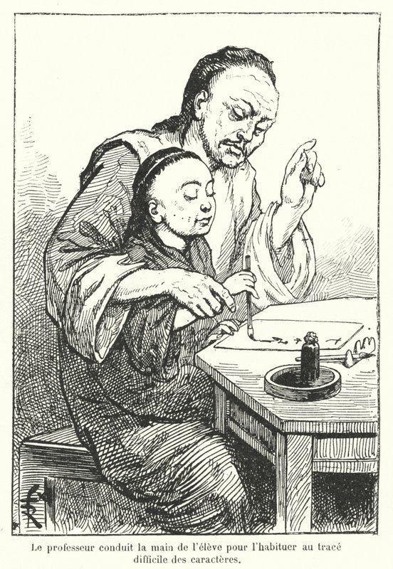 Lærer, der leder en elevs hånd, der lærer at skrive kinesiske tegn (gravering) af French School