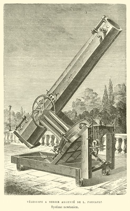 Silver Mirror Telescope af L Foucault, Newtonsk system (gravering) af French School