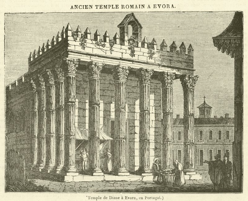 Dianes tempel i Evora, i Portugal (gravering) af French School