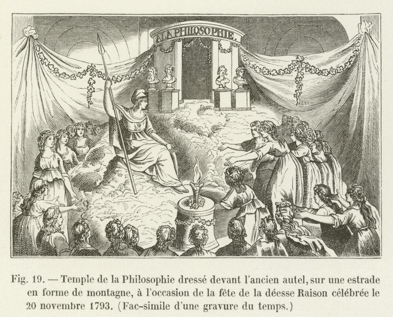Filosofiens tempel står foran det gamle alter, på en platform i form af et bjerg, i anledning af festen for fornuftens gudinde fejret den 20. november 1793, faksimile af en gravering fra tiden (f. af French School