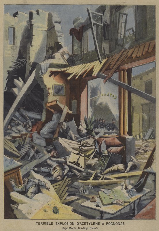 Frygtelig acetylengaseksplosion i en cafe i Rognonas, Frankrig (farve litho) af French School