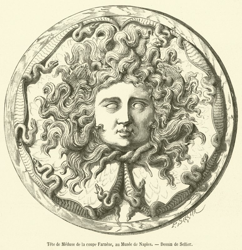 Head of Medusa fra Farnese Cup, på Museum of Napoli (gravering) af French School