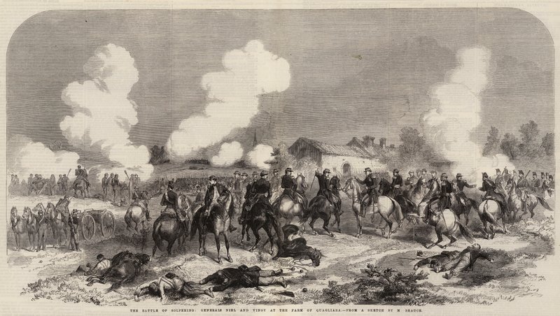 Slaget ved Solferino, generalerne Niel og Vinoy ved gården Quagliara (gravering) af French School