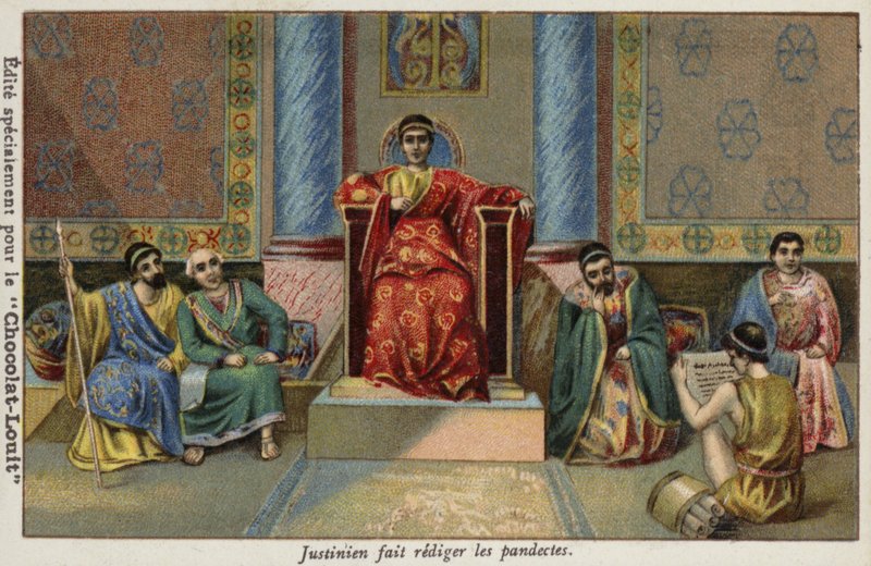 Den byzantinske kejser Justinian I dikterer Pandects, 6. århundrede af French School
