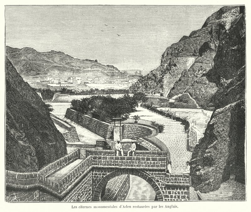 Cisternerne i Tawila, Aden, restaureret af briterne (gravering) af French School