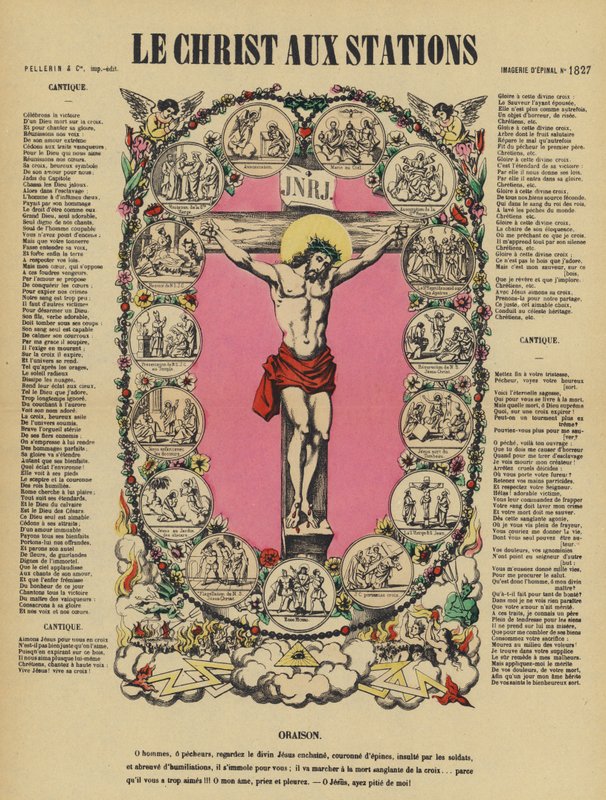 Jesu korsfæstelse og korsvejen (farvelitografi) af French School