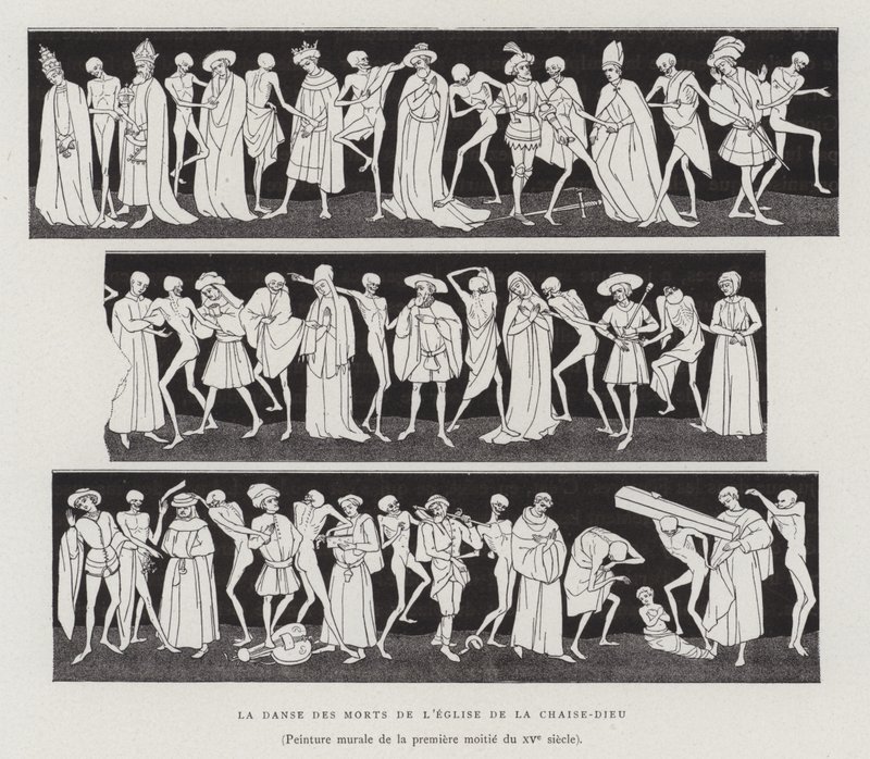 De dødes dans i la Chaise-Dieu-kirken, første halvdel af det 15. århundrede (litho) af French School