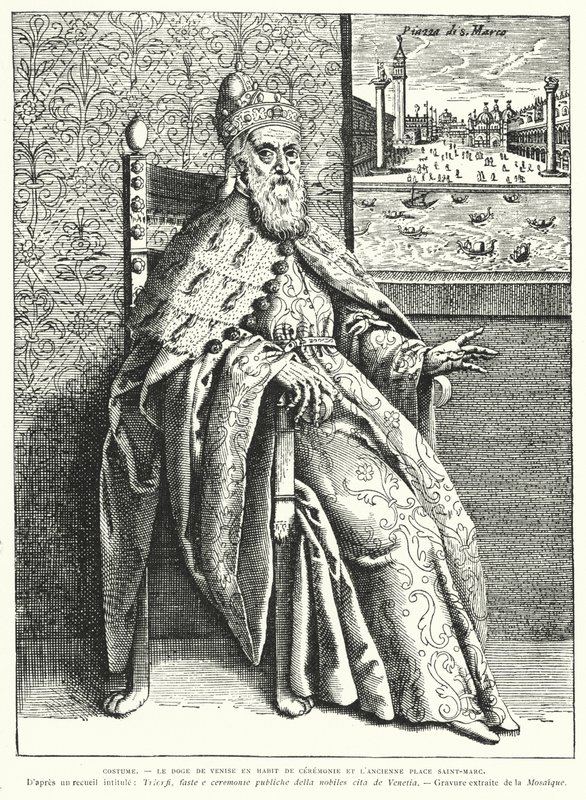 Dogen af Venedig i sine ceremonielle klæder og den gamle Markusplads (gravering) af French School