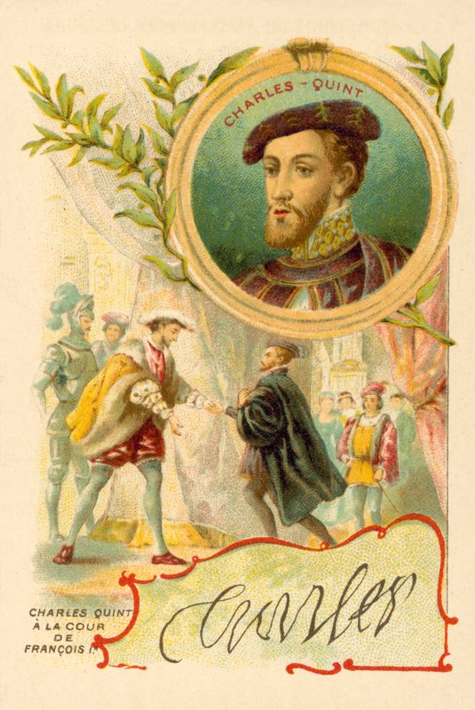 Kejser Karl V ved hoffet til Frans I af Frankrig (chromolitho) af French School