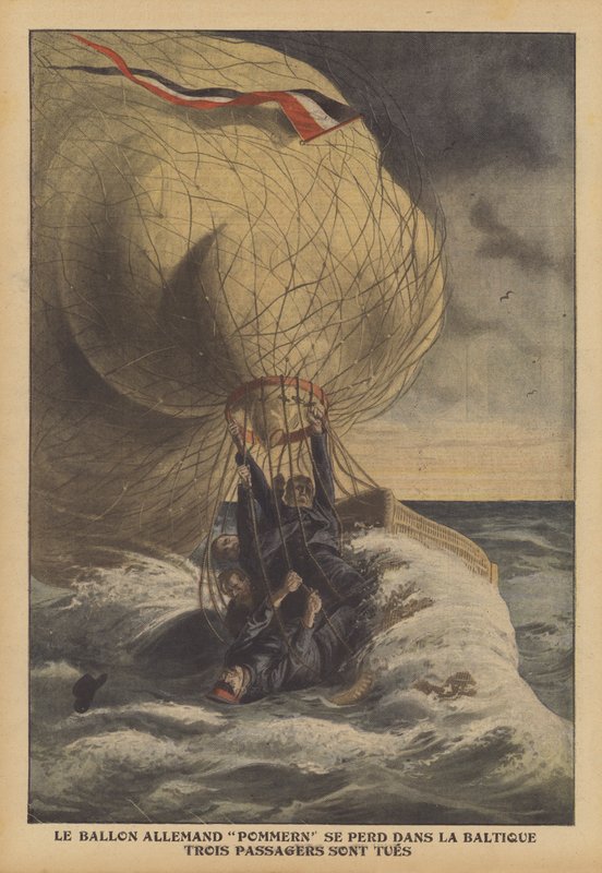Den tyske ballon Pommern styrter ned i Østersøen (farve litho) af French School