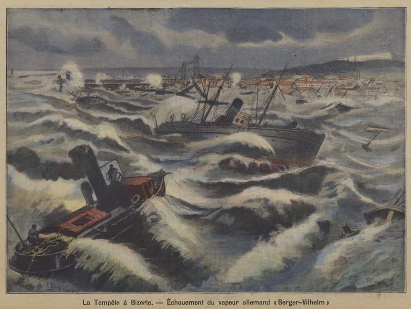 Den tyske damper Berger-Wilhelm støder på grund i en storm ud for Bizerte, Tunesien (farve litho) af French School