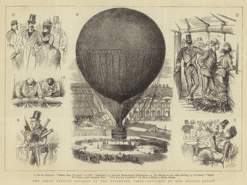 Den store fangeballon ved Tuilerierne, Paris (gravering) af French School