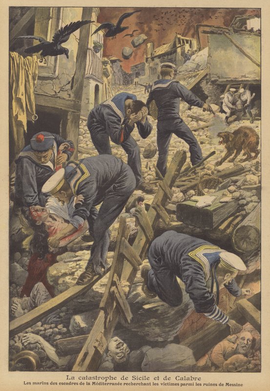 Jordskælvet i Messina i 1908, Sicilien (farve litho) af French School