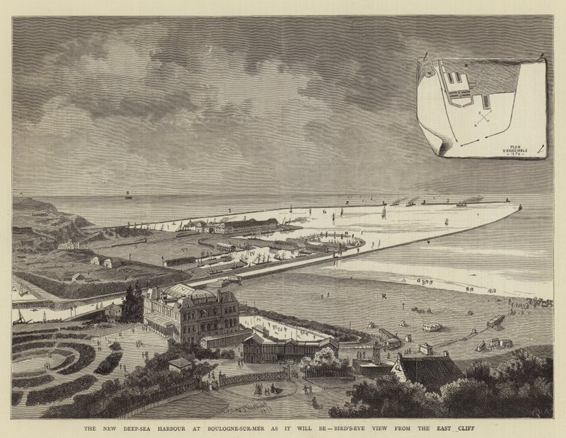 Den nye dybhavshavn i Boulogne-sur-Mer, som den vil være, fugleperspektiv fra østklippen (gravering) af French School