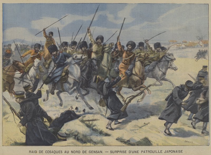 Den russisk-japanske krig: kosakker overrasker en japansk patrulje i et raid nord for Gensan, Korea (farve litho) af French School